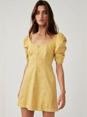 Free People Yellow Mini Dress |Puff Sleeve |Hook & Eye | Cotton |Size S